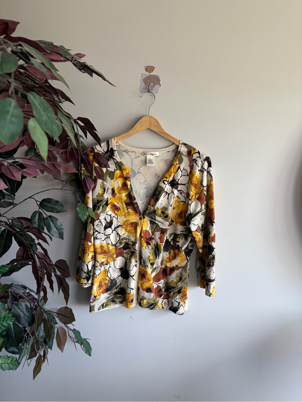 Susan Bristol Floral V-Neck Blouse in Mustard, Cream and Brown
